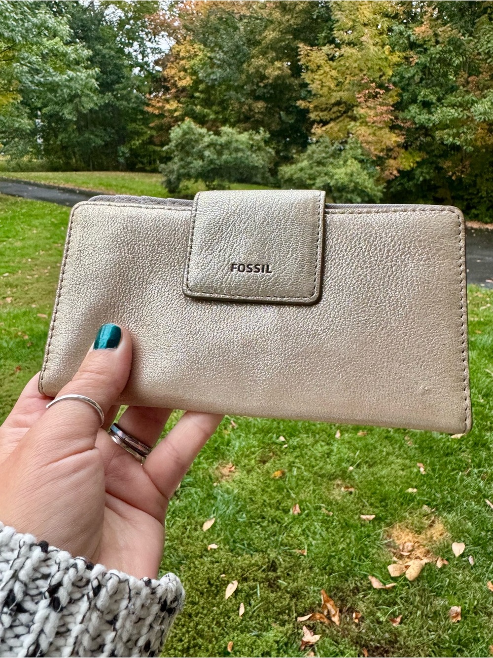 Fossil Metallic Champagne Leather Card Holder Wallet